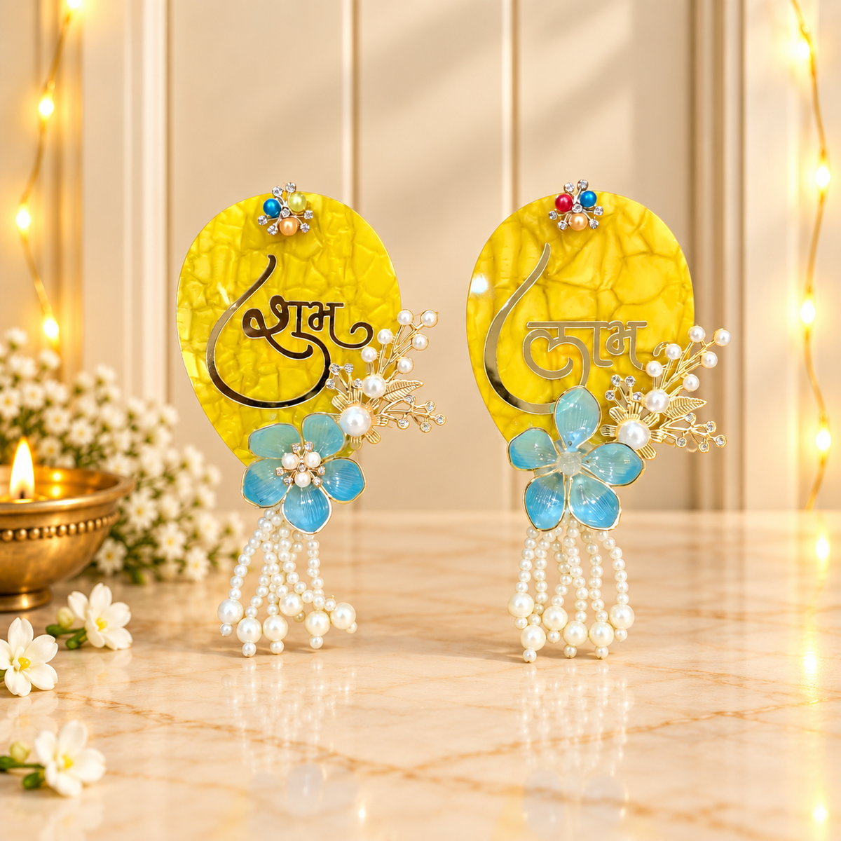 Yellow and Blue Floral Shubh Labh plaque pair with traditional Indian festive detailing