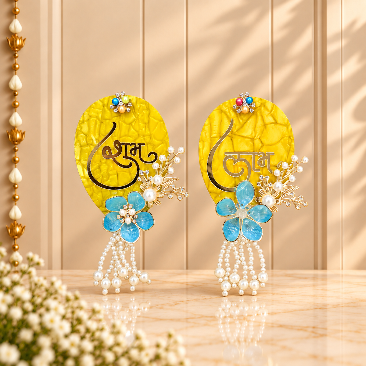 Yellow and Blue Floral Shubh Labh plaque pair for Diwali main door and home decoration in India