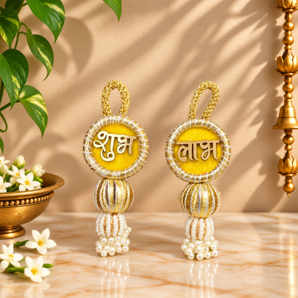 Yellow & Gold Thread Shubh Labh Hanging Latkan Pair for Diwali & Home Decor