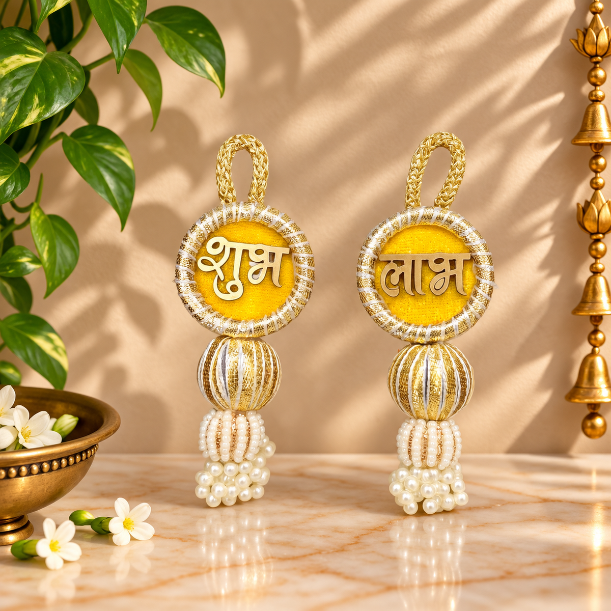 Yellow & Gold Thread Shubh Labh Hanging Latkan Pair for Diwali & Home Decor
