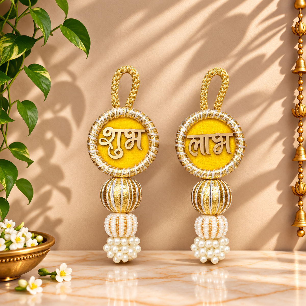 Yellow & Gold Thread Shubh Labh Hanging Latkan Pair for Diwali & Home Decor