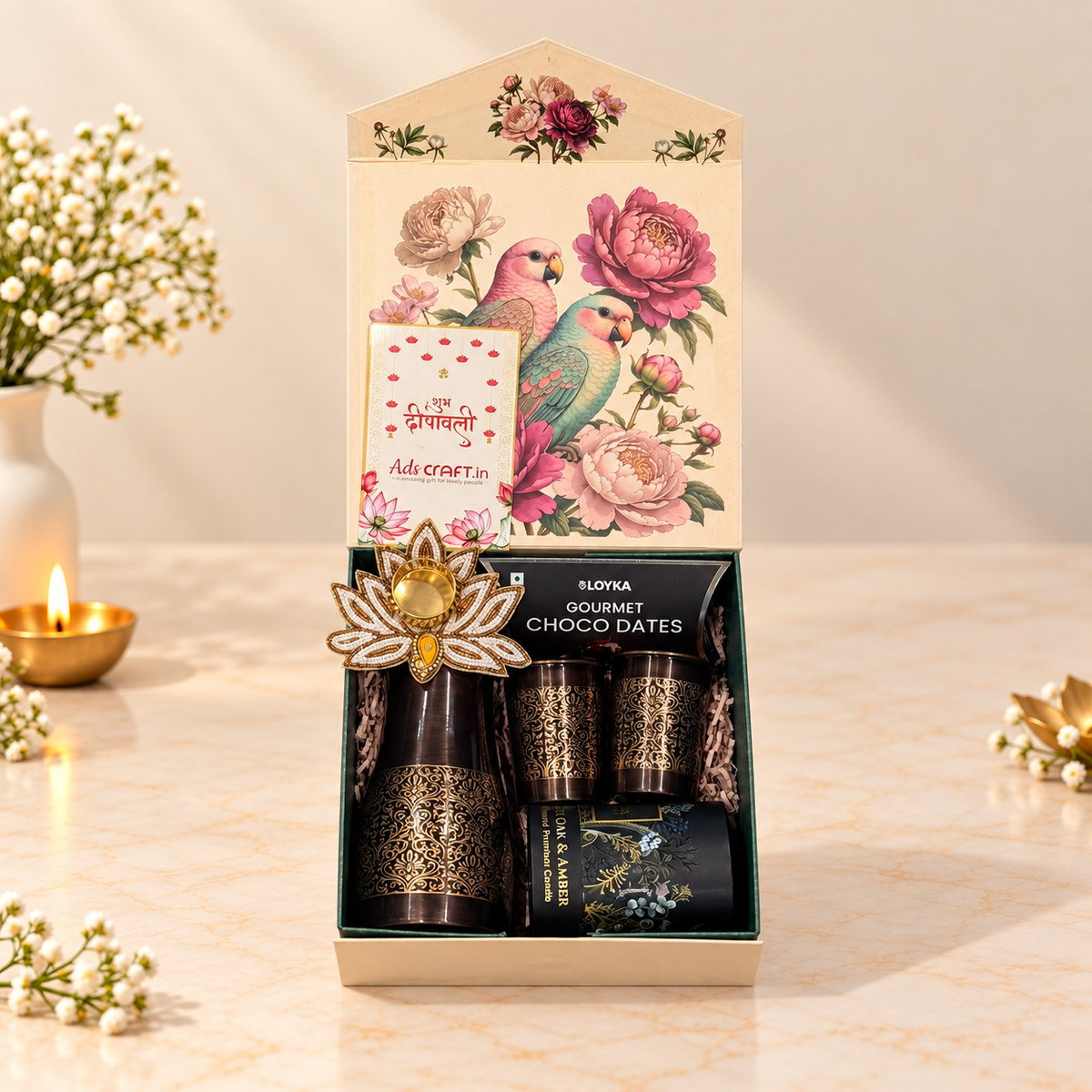 Open Parrot Bloom Diwali gift box with premium flask, matching glasses, candle holder and chocolate-coated Arabian dates