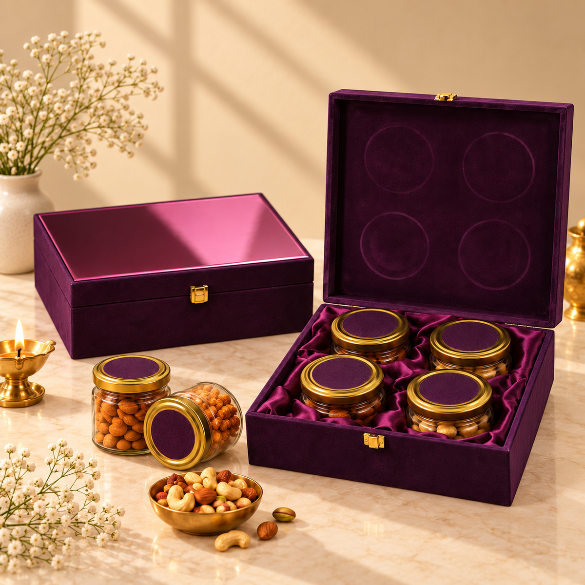 Royal Plum and Deep Purple Velvet 4-jar luxury dry fruit gift box for Diwali, weddings and corporate gifting