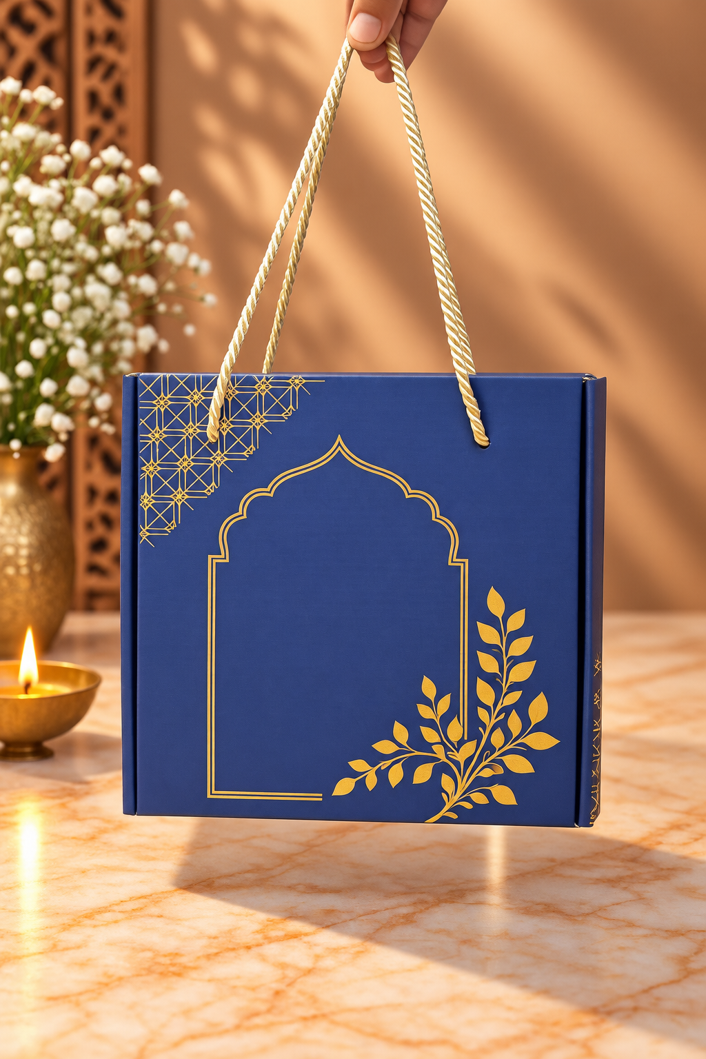 Navy Blue & Gold Foil Arch Design Hamper Box with Rope Handle – 9 x 9 x 5 Inches | Packs of 10, 50 & 100