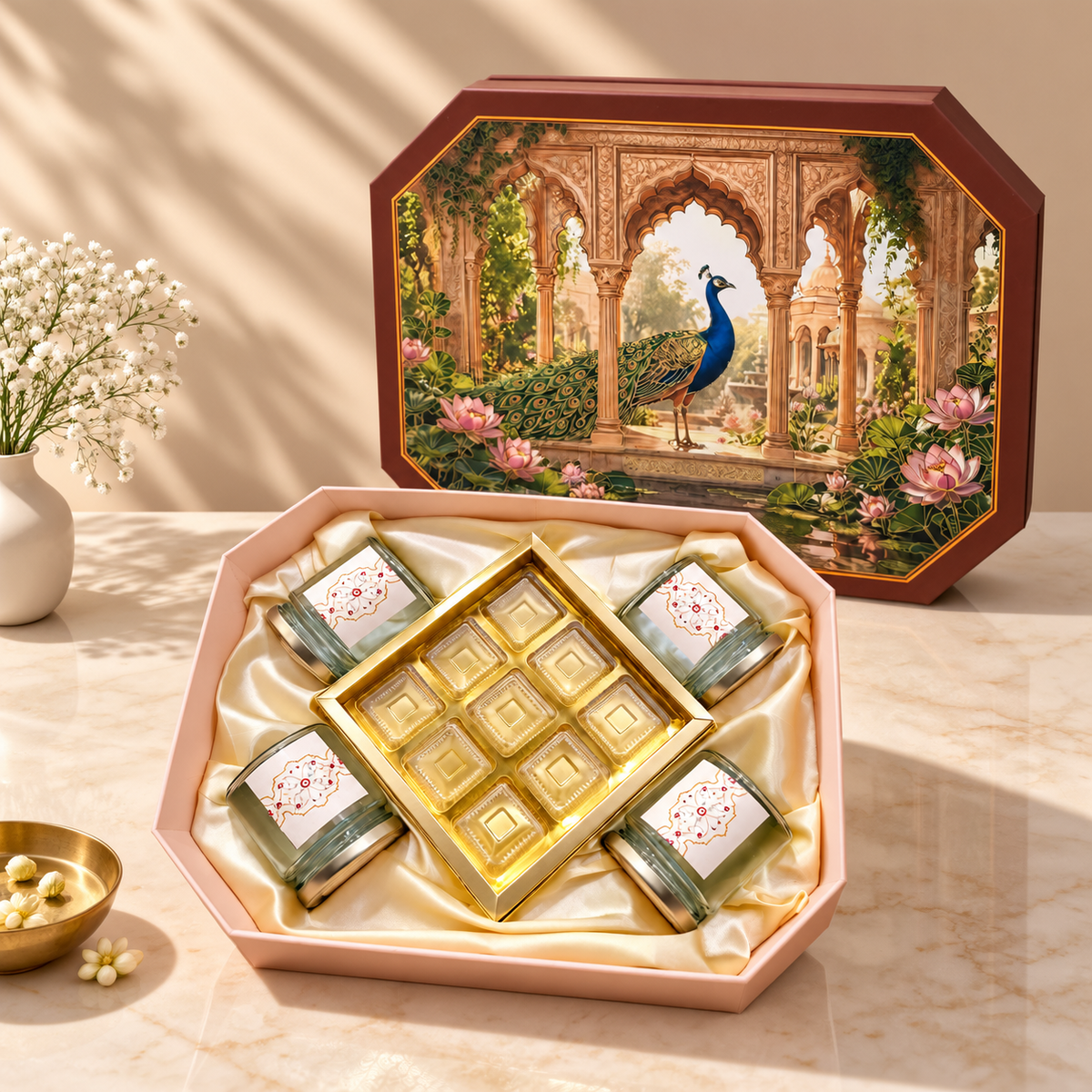 Open Royal Peacock Print hamper box with four glass jars for dry fruits, sweets and festive gifting