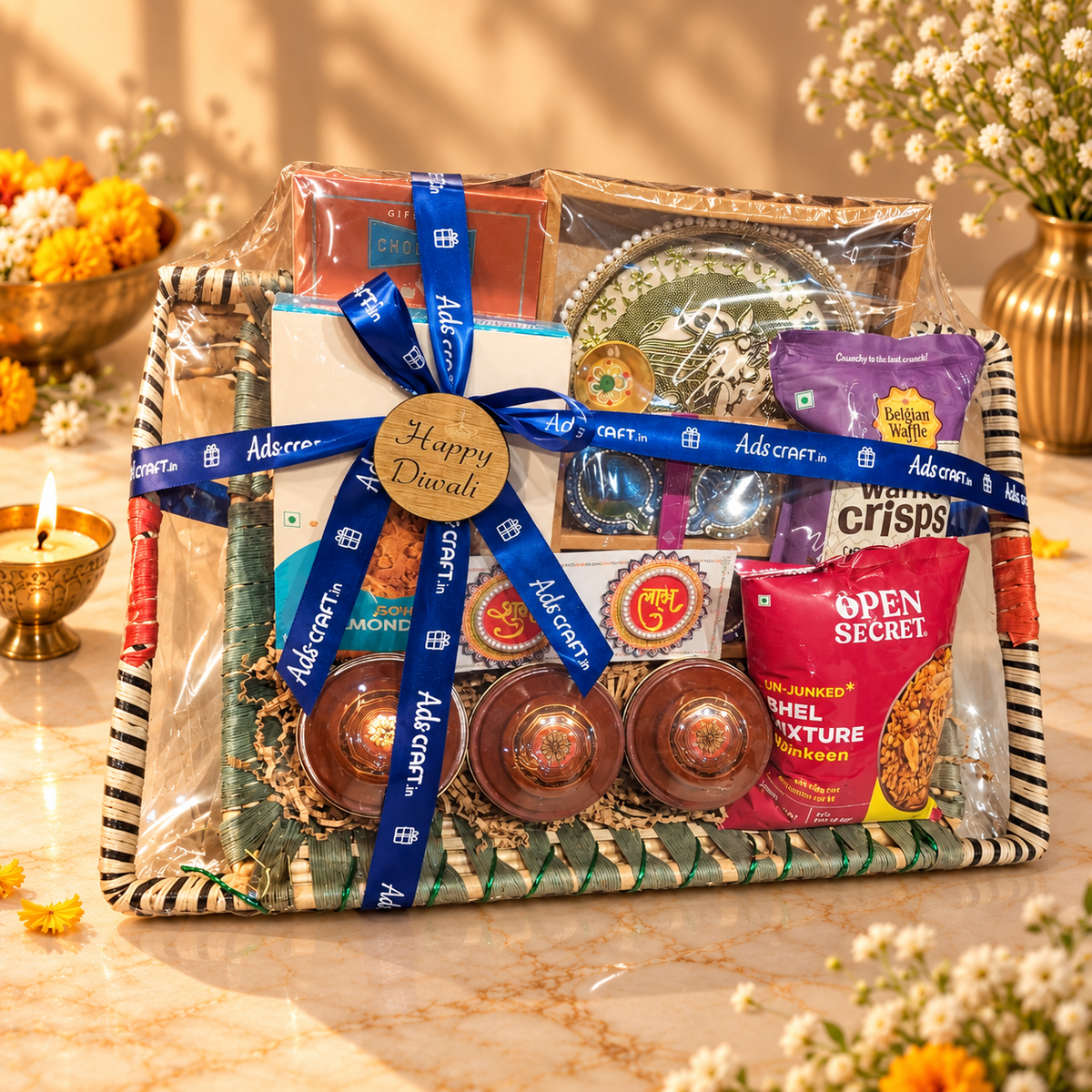 Open Royal Cane Diwali hamper with reusable dry fruit tins, chocolates, pooja plate, cookies, waffle and festive gifts