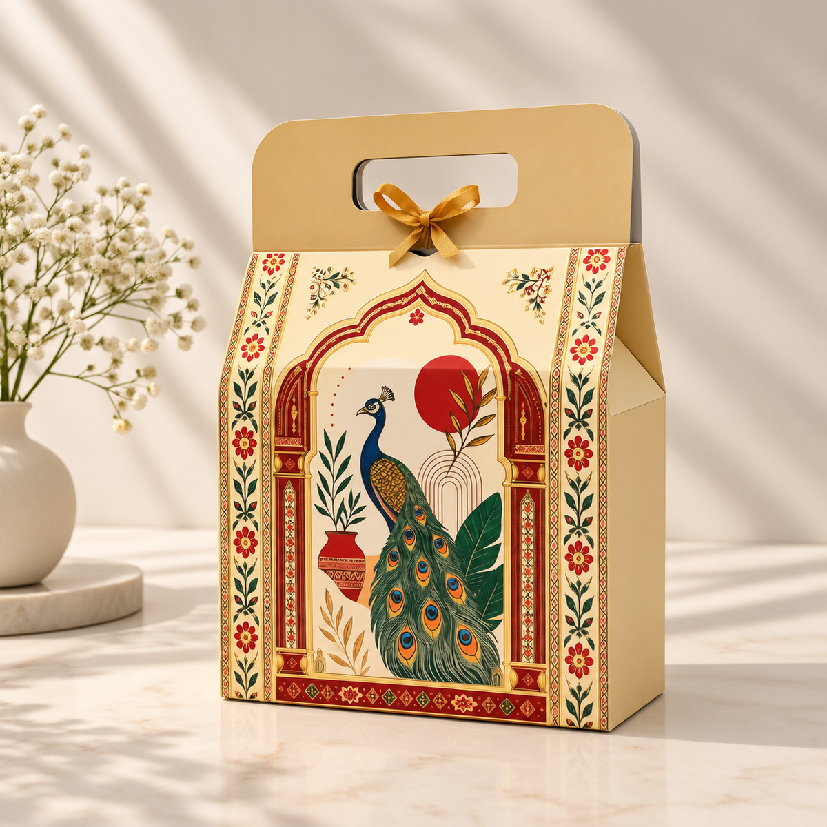 Pichwai Peacock Print arch-top hamper boxes available in packs of 10, 50 and 100