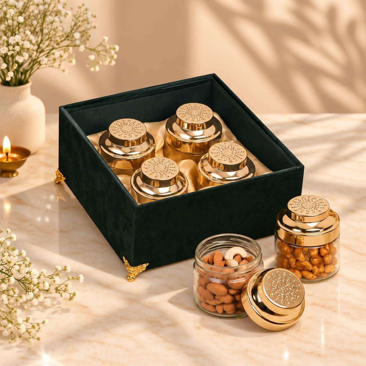 Open Royal Emerald Green Velvet 4-jar gift box for dry fruits, sweets, chocolates and festive gifting