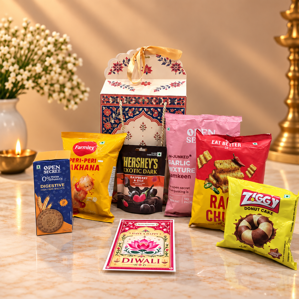 Madhubani Festive Diwali gift box with premium snacks, makhana, chocolate, ragi chips and festive treats
