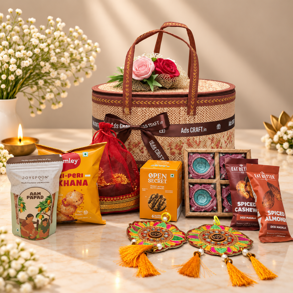 Open Festive Thambulam Diwali hamper with premium snacks, dry fruits, Shubh Labh, toran and clay diyas