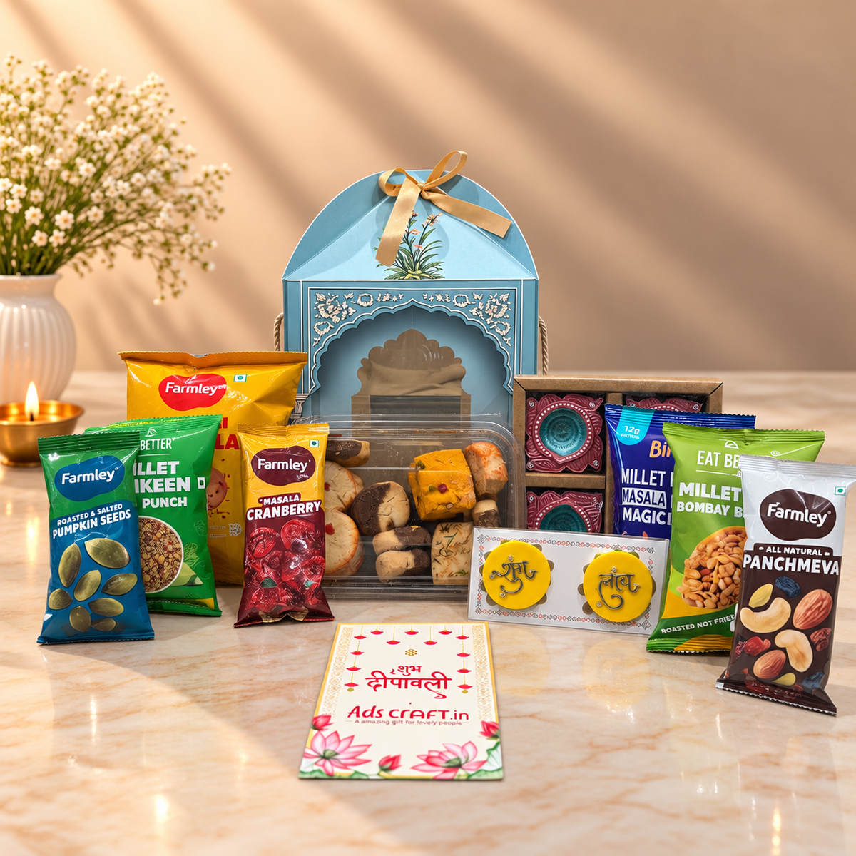Blue Palace Festive Diwali Hamper with Premium Snacks, Dry Fruits, Cookies & Diyas