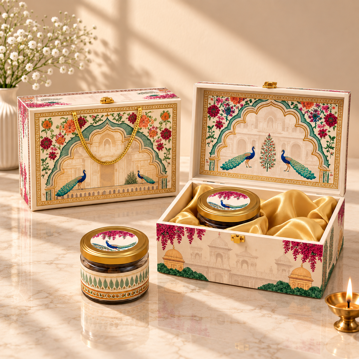 Traditional Cream Palace Arch festive gift box with two gold-lid glass jars without dry fruits