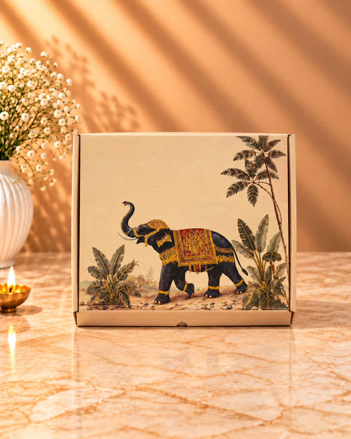 Corrugated mailer box with Royal Elephant Print for Diwali, wedding and corporate gift packaging