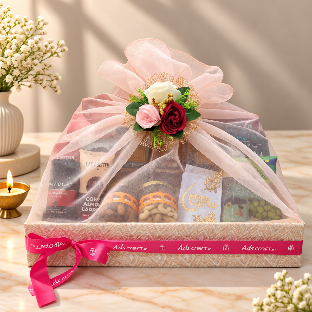 Premium Net Diwali Basket with Dry Fruits, Gourmet Snacks, Coffee & Festive Gifts