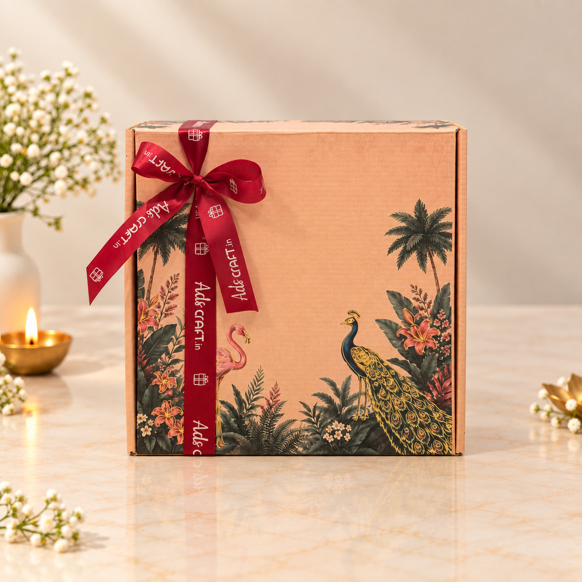 Peacock Celebration Diwali hamper with premium flask, aroma diffuser, clay diyas, millet bhujia and almond brittle