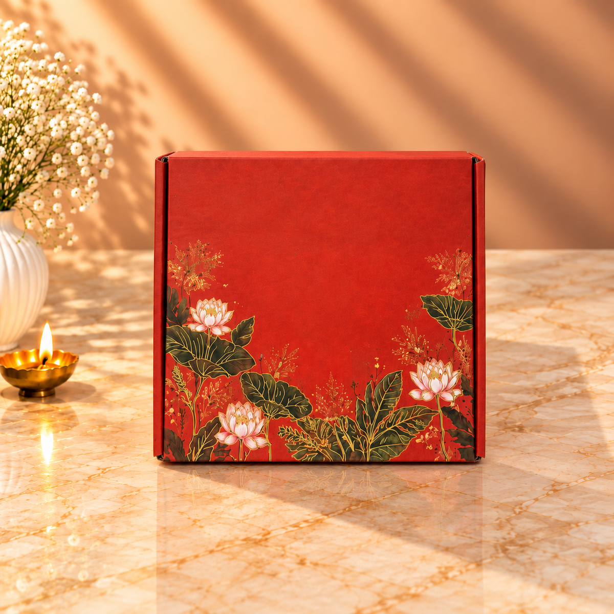 Open Red Lotus Printed corrugated hamper box for festive gifts, dry fruits, sweets and corporate hampers