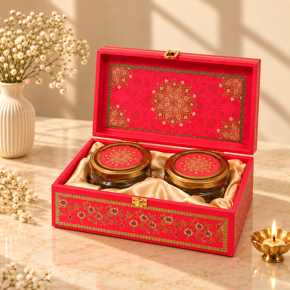 Traditional Rose Pink Mandala Print Festive Gift Box with 2 Gold-Lid Glass Jars