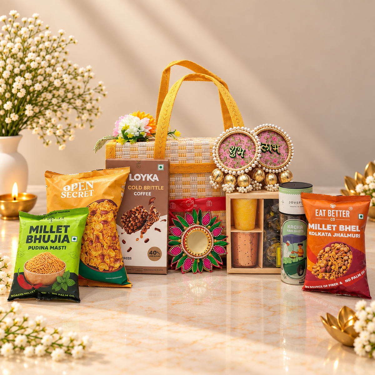 Premium Diwali hamper with almond brittle, namkeen, millet bhujia, Jhalmuri, Shubh Labh and decorative T-light holder