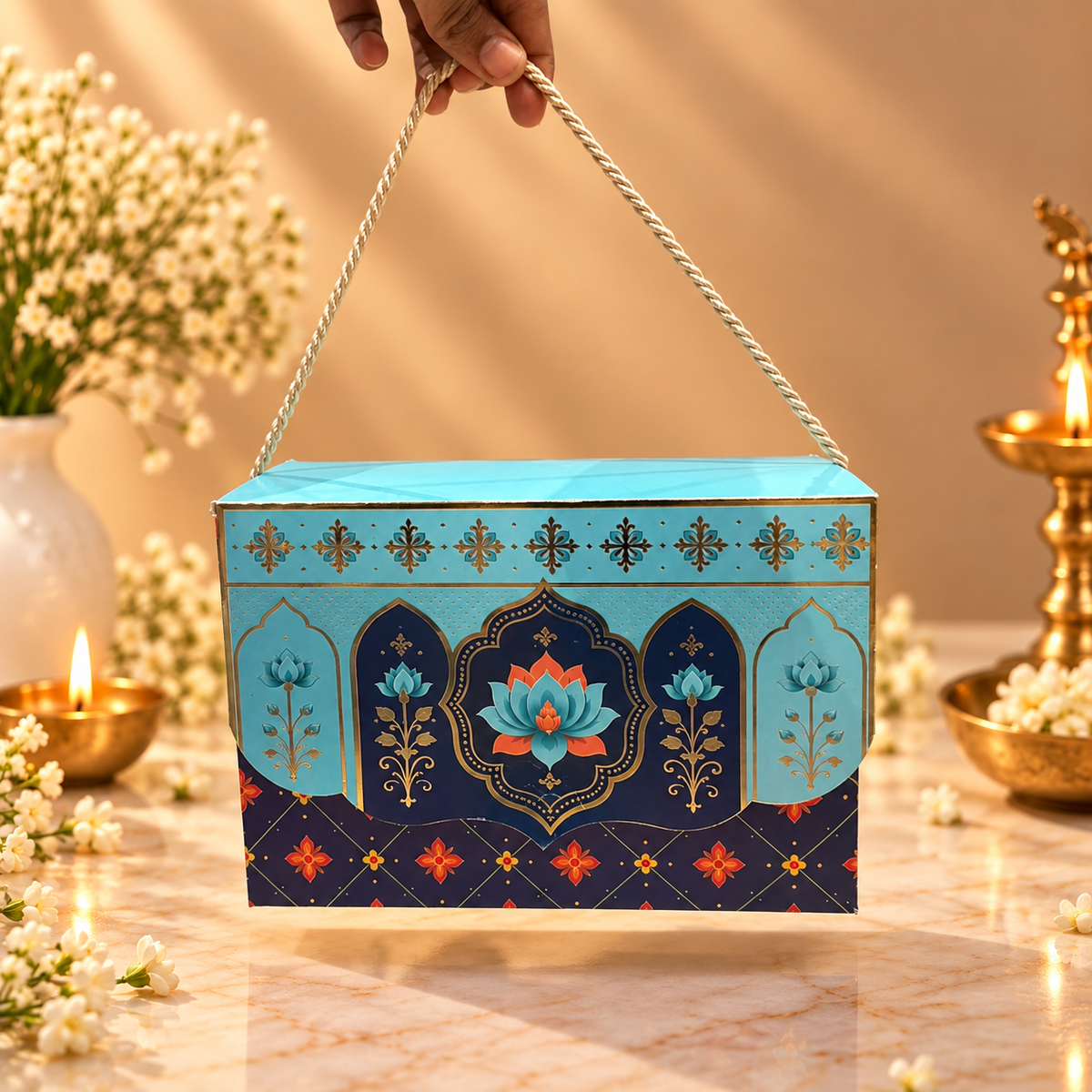 Blue Lotus Festive Diwali gift box with almond brittle, choco cookies, donut cake, peri-peri makhana and festive accents