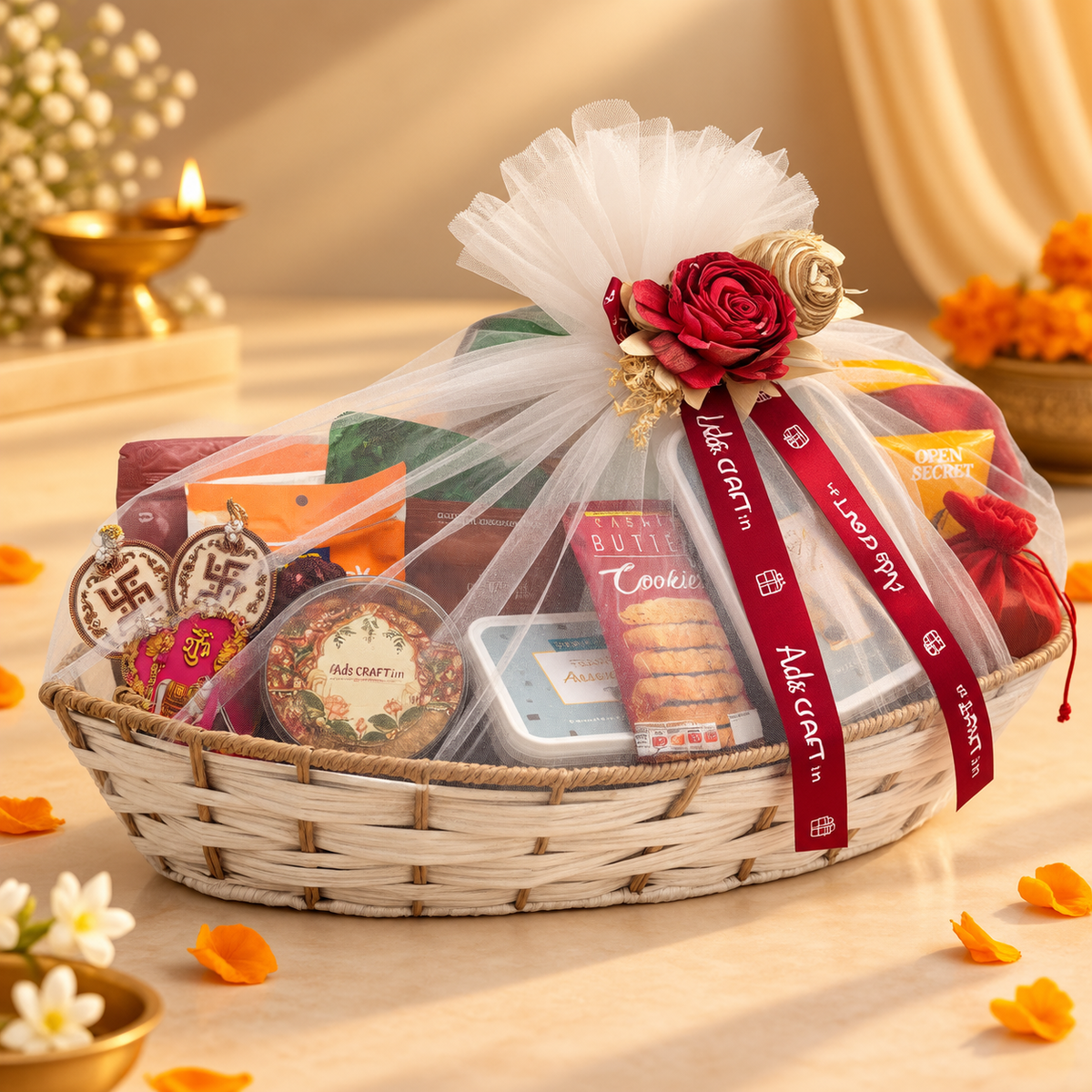 Boat Jumbo Diwali basket with premium dry fruits, chocolates, gourmet snacks, diyas, toran and festive decor