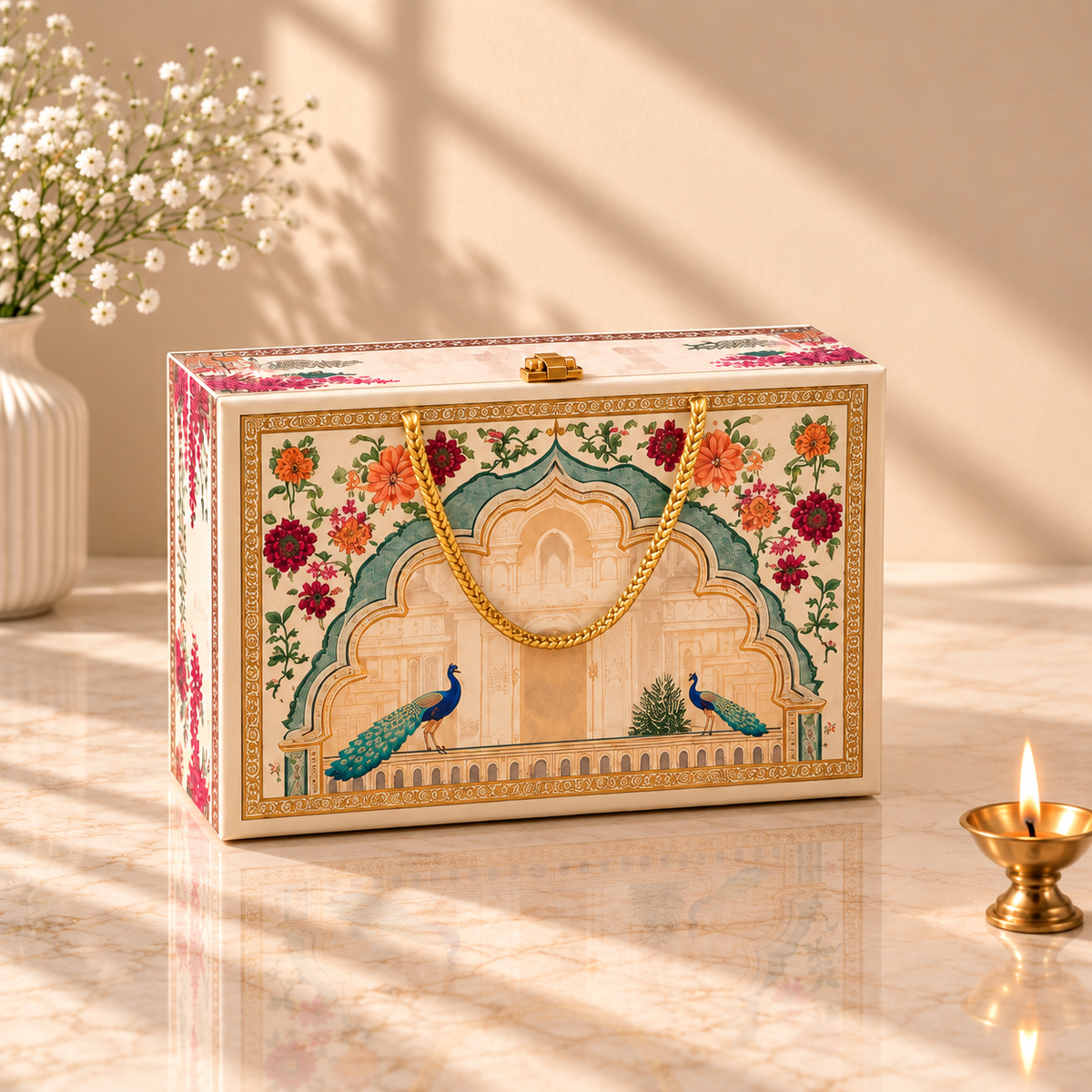 Open Traditional Cream Palace Arch gift box with two empty gold-lid glass jars for customized festive gifting