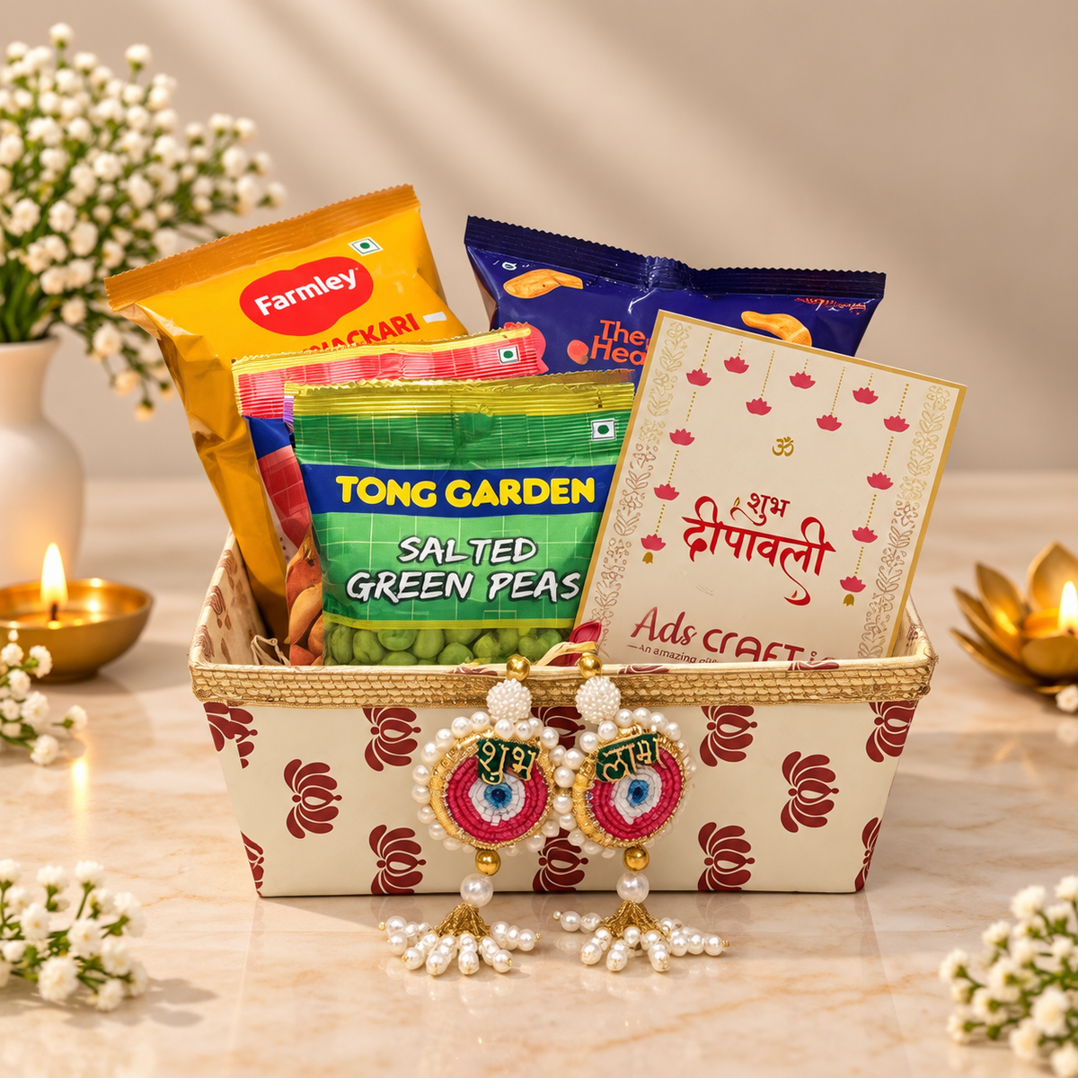 Open Lotus Festive Net Diwali basket with Tong Garden dry fruits, Farmley makhana, namkeen and festive Shubh-Labh