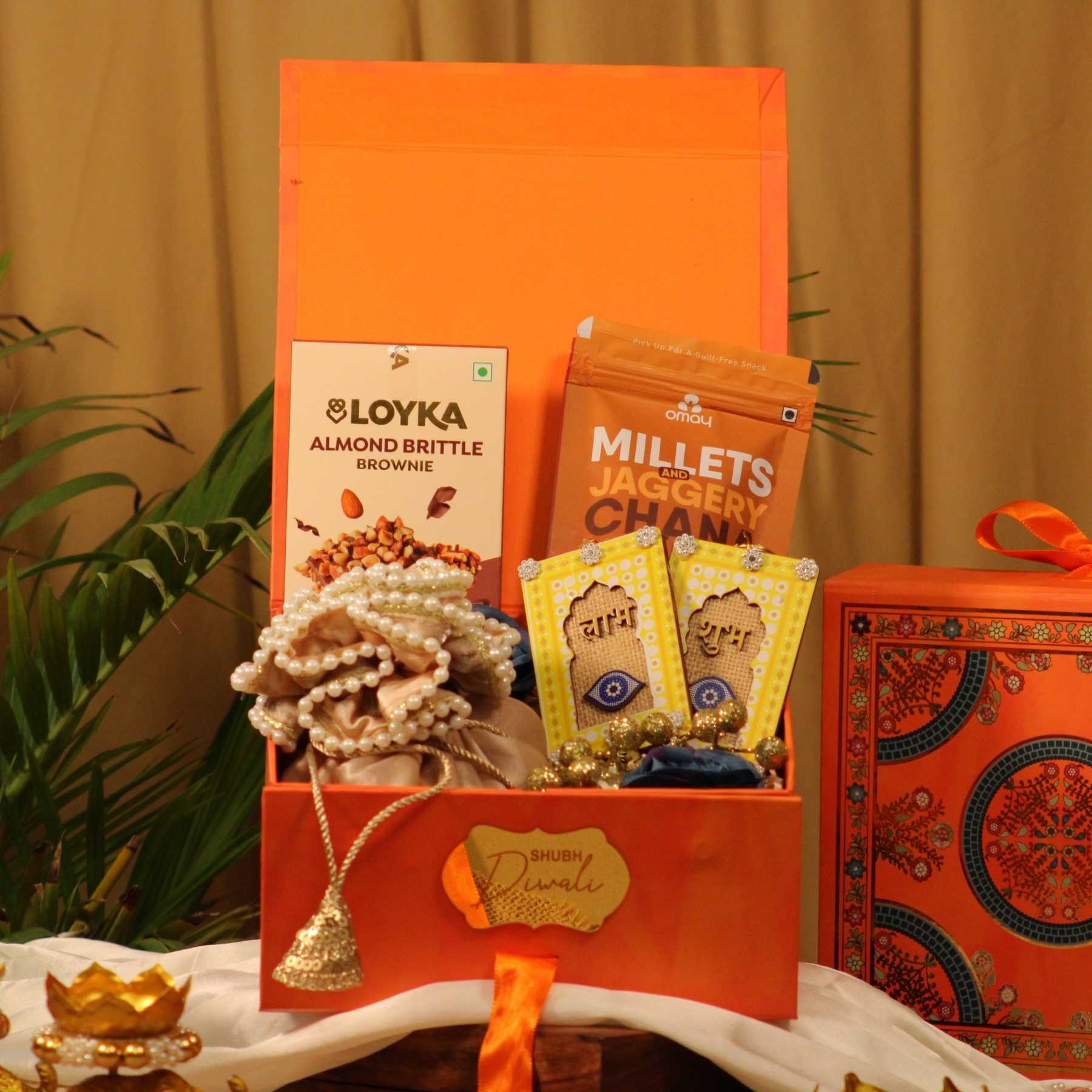 Orange Collapsible Diwali Gift Box with Dry Fruits, Snacks & Festive Décor (8x8 inch)