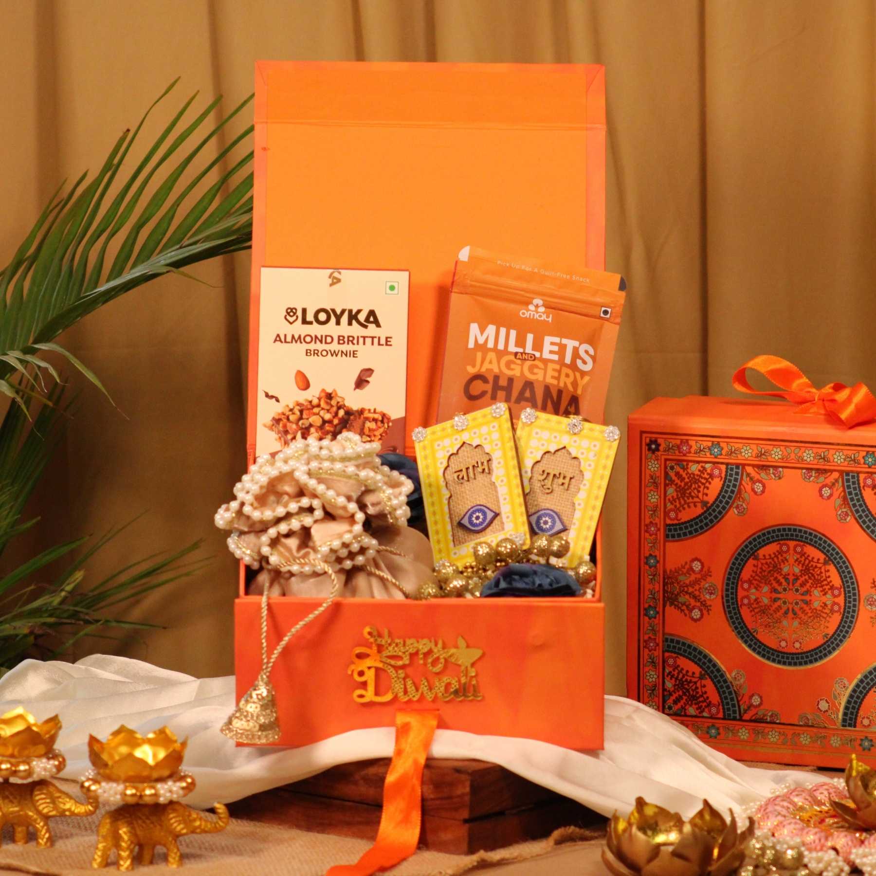 Orange Collapsible Diwali Gift Box with Dry Fruits, Snacks & Festive Décor (8x8 inch)