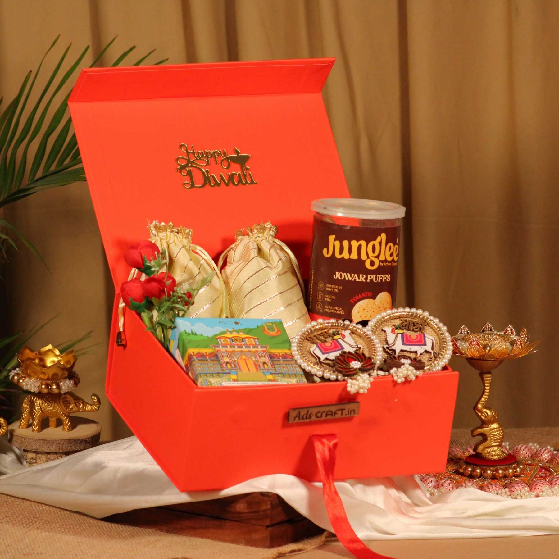 Red Diwali Gift Box with Premium Dry Fruits, Snacks & Festive Décor (10x8x4 inch)
