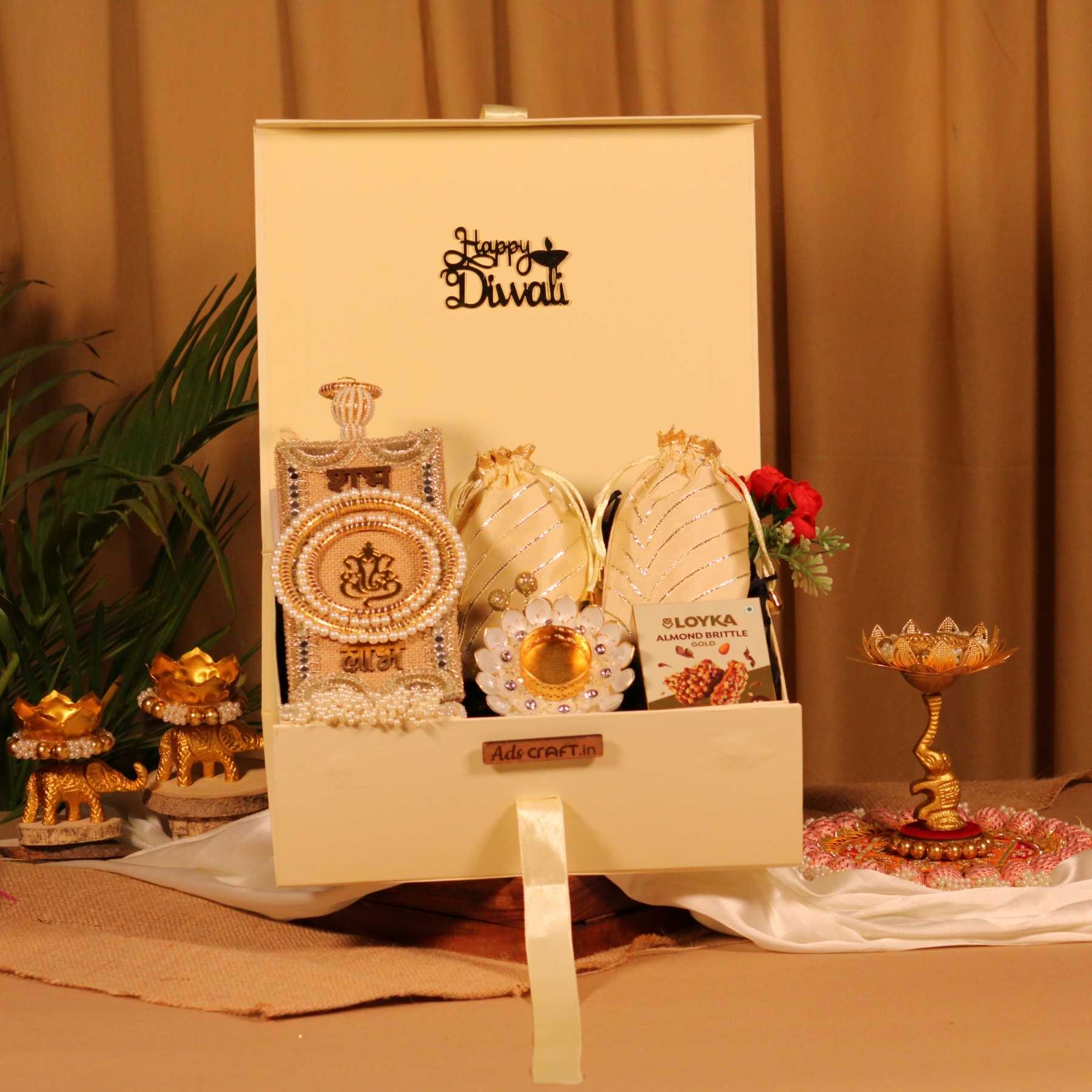 Off-White Diwali Gift Box with Dry Fruits, Brittles & Festive Décor (12x10 inch)