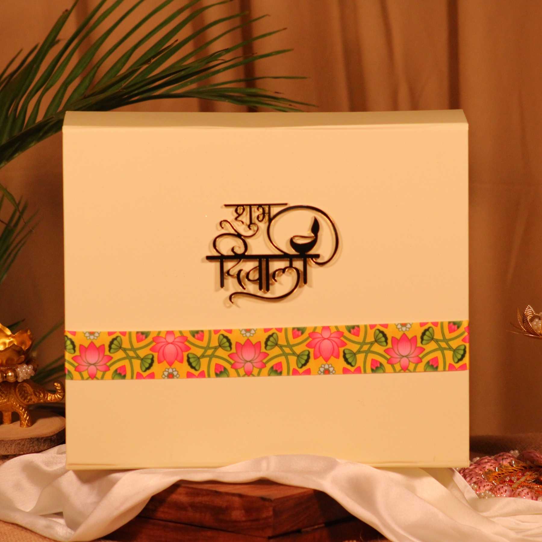 Off-White Diwali Gift Box with Dry Fruits, Brittles & Festive Décor (12x10 inch)