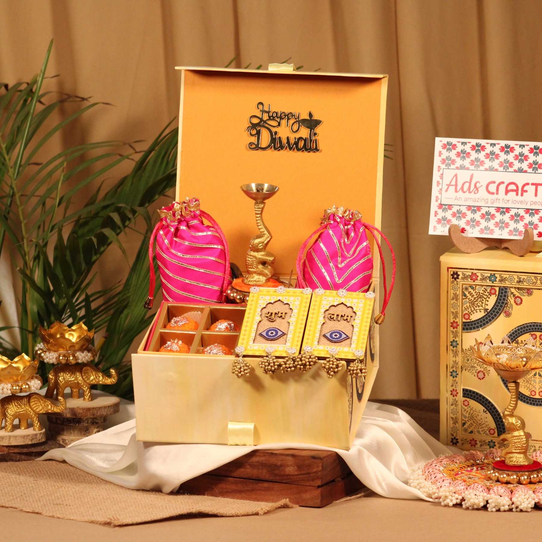 Yellow Collapsible Diwali Gift Box with Dry Fruits, Candles & Festive Décor (8x8 inch)