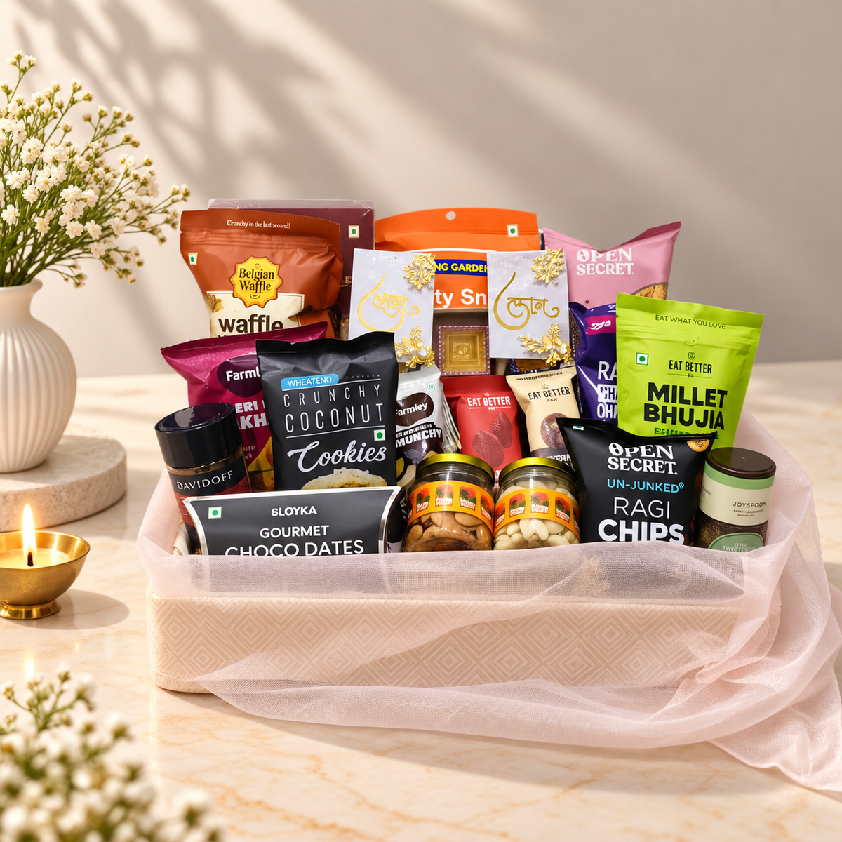 Premium Net Diwali basket with dry fruits, gourmet snacks, coffee, cookies, makhana, diyas and festive decor