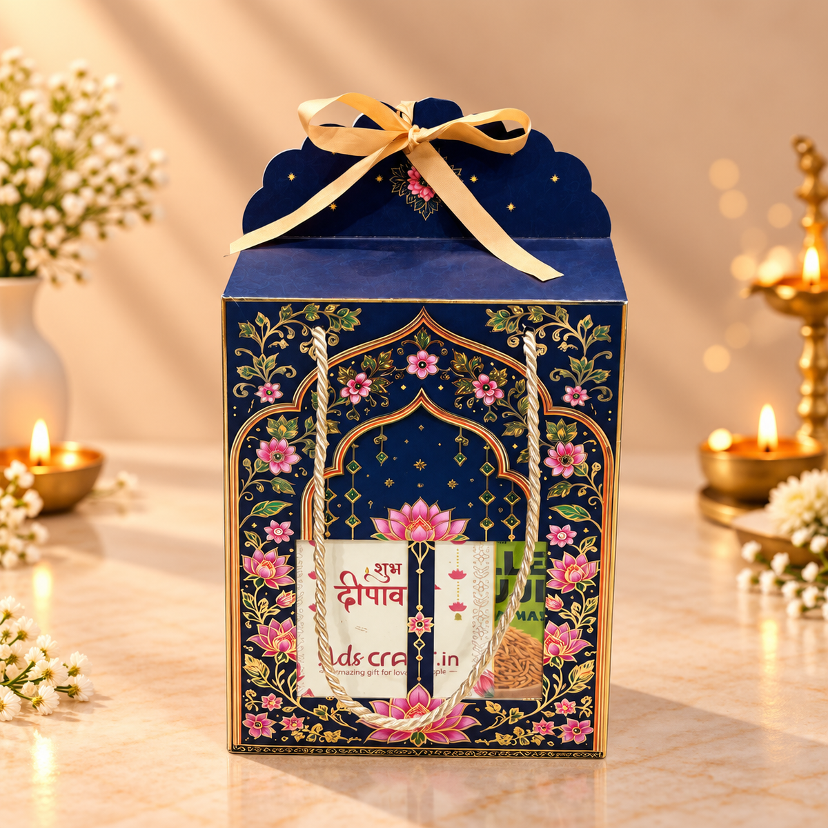 Open Royal Blue Diwali gift hamper with Eat Better snacks, Loyka choco dates and premium festive treats