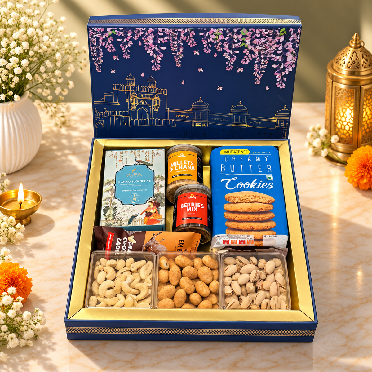 Custom branded acrylic dry fruit boxes with cashew, almond and pistachio for corporate Diwali gifting