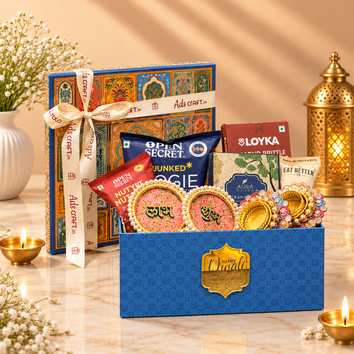 Blue Jharokha Festive Diwali hamper with premium snacks, brittle, laddoo, nut mix, dhoop, diyas and Shubh Labh