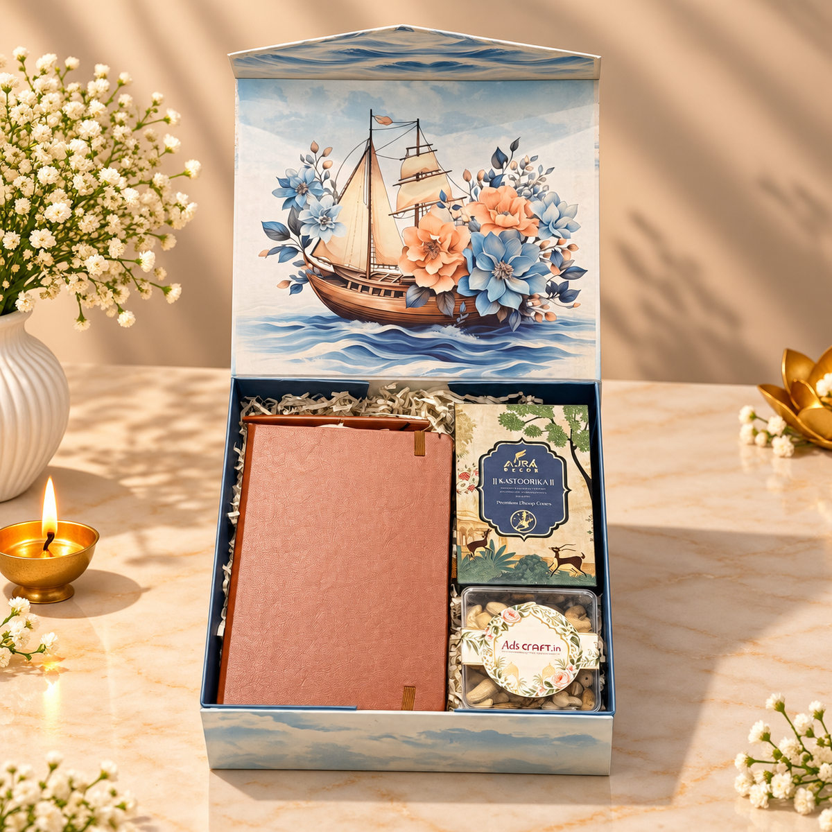 Open rigid flip Diwali hamper with corporate diary, pen, acrylic mixed nuts container and Phool dhoop