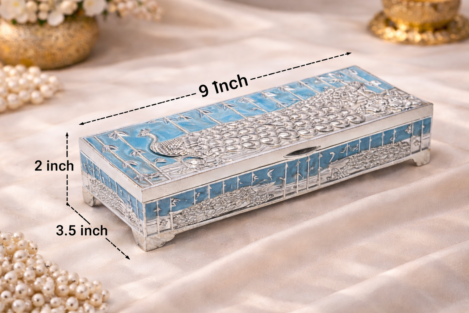 Premium German Silver Peacock Dry Fruit Box with Blue Enamel Finish (9 x 3.5 x 2 Inch)