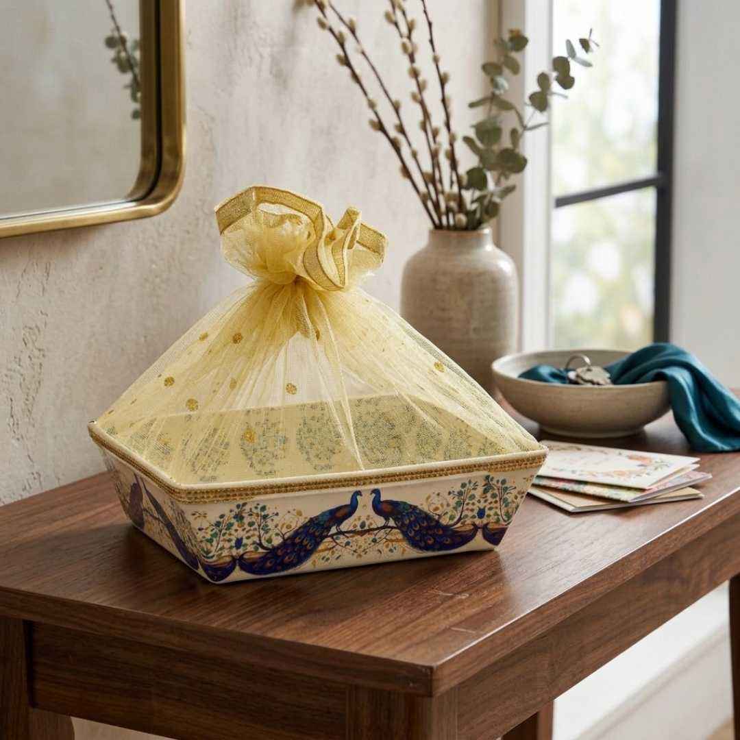 (Set of 10) Peacock Pichwai Net Hamper Basket with Gold Lace