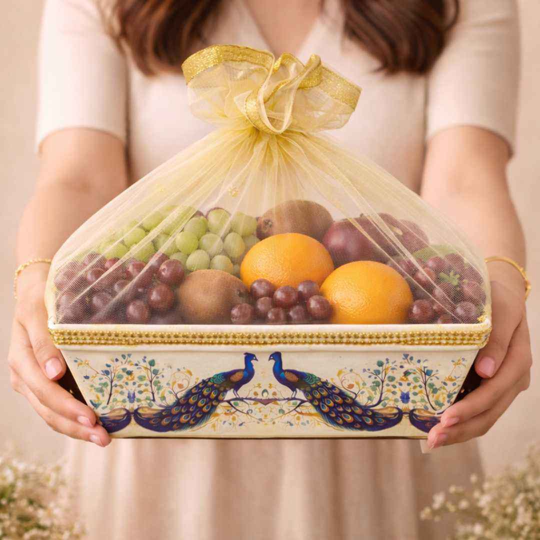 (Set of 10) Peacock Pichwai Net Hamper Basket with Gold Lace