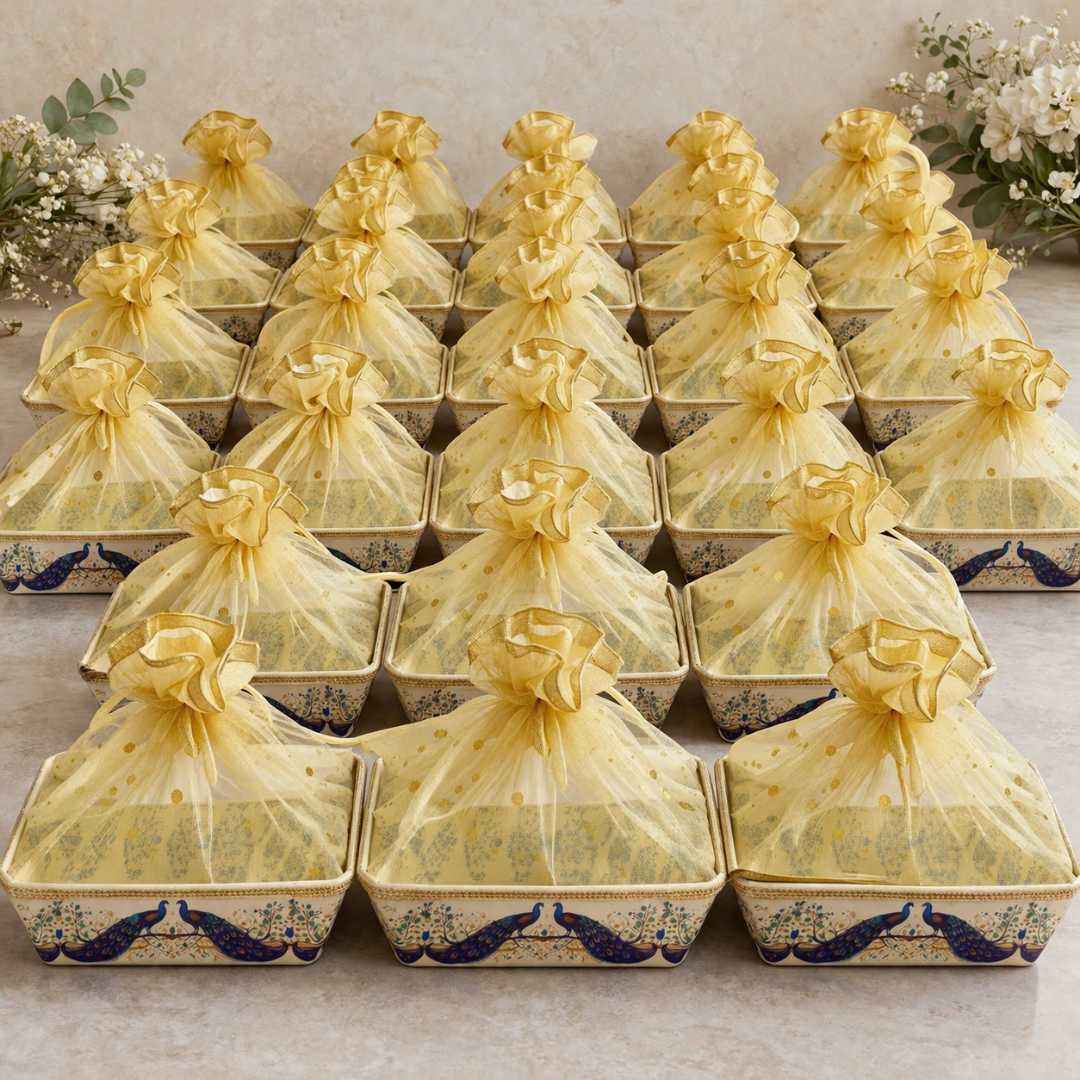(Set of 10) Peacock Pichwai Net Hamper Basket with Gold Lace