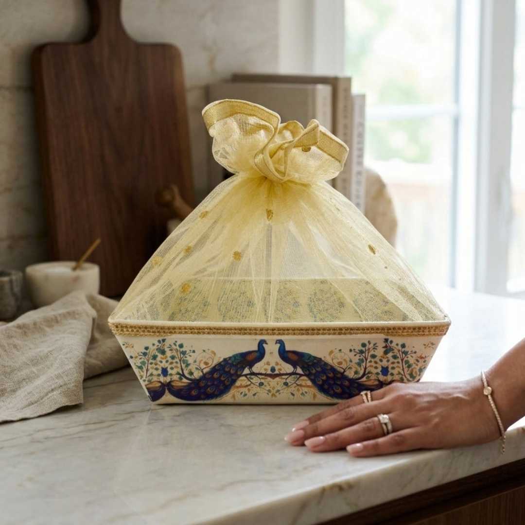 premium peacock pichwai hamper basket with net cover for trousseau packing and return gifts