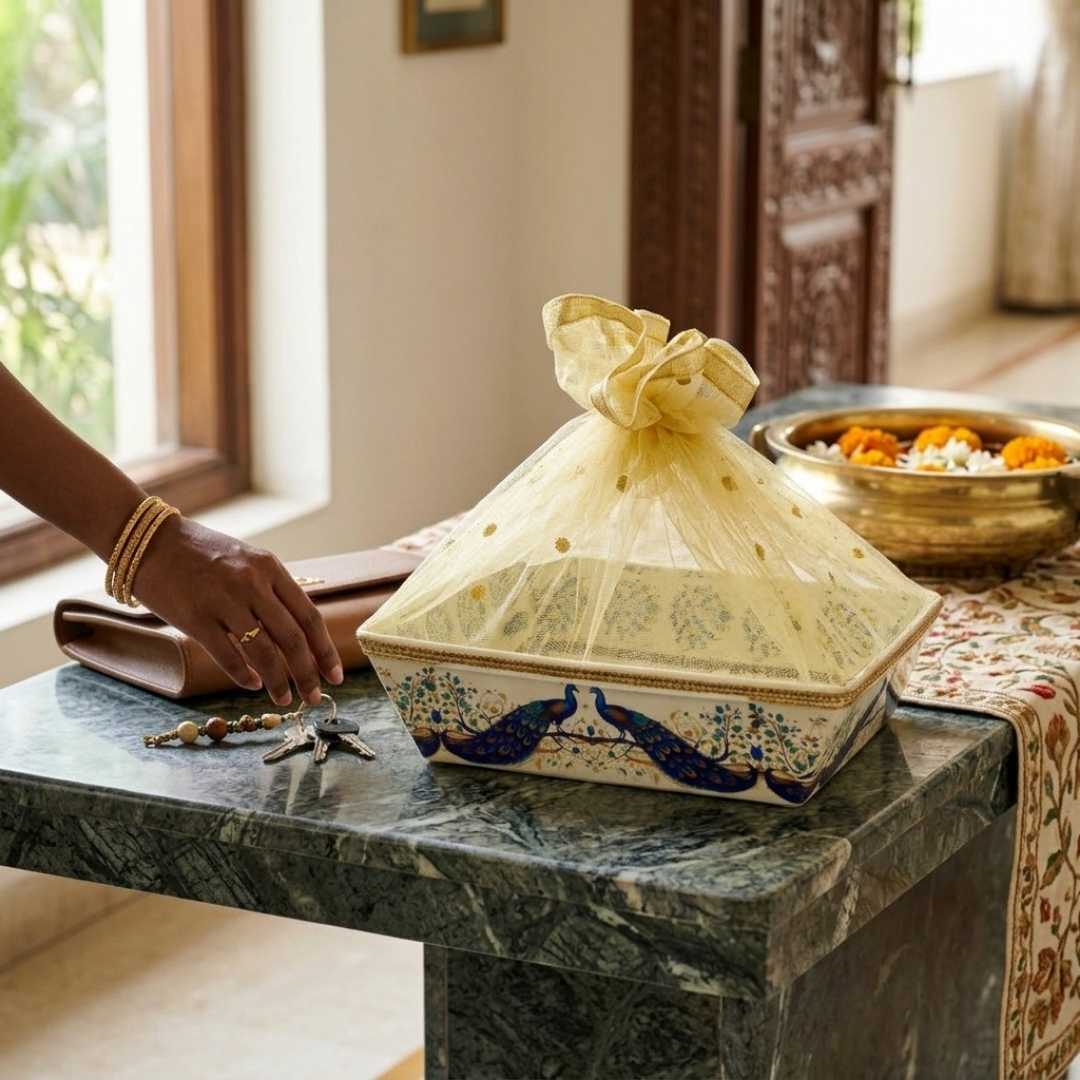 (Pack of 10) Peacock Pichwai Net Hamper Basket with Gold Lace