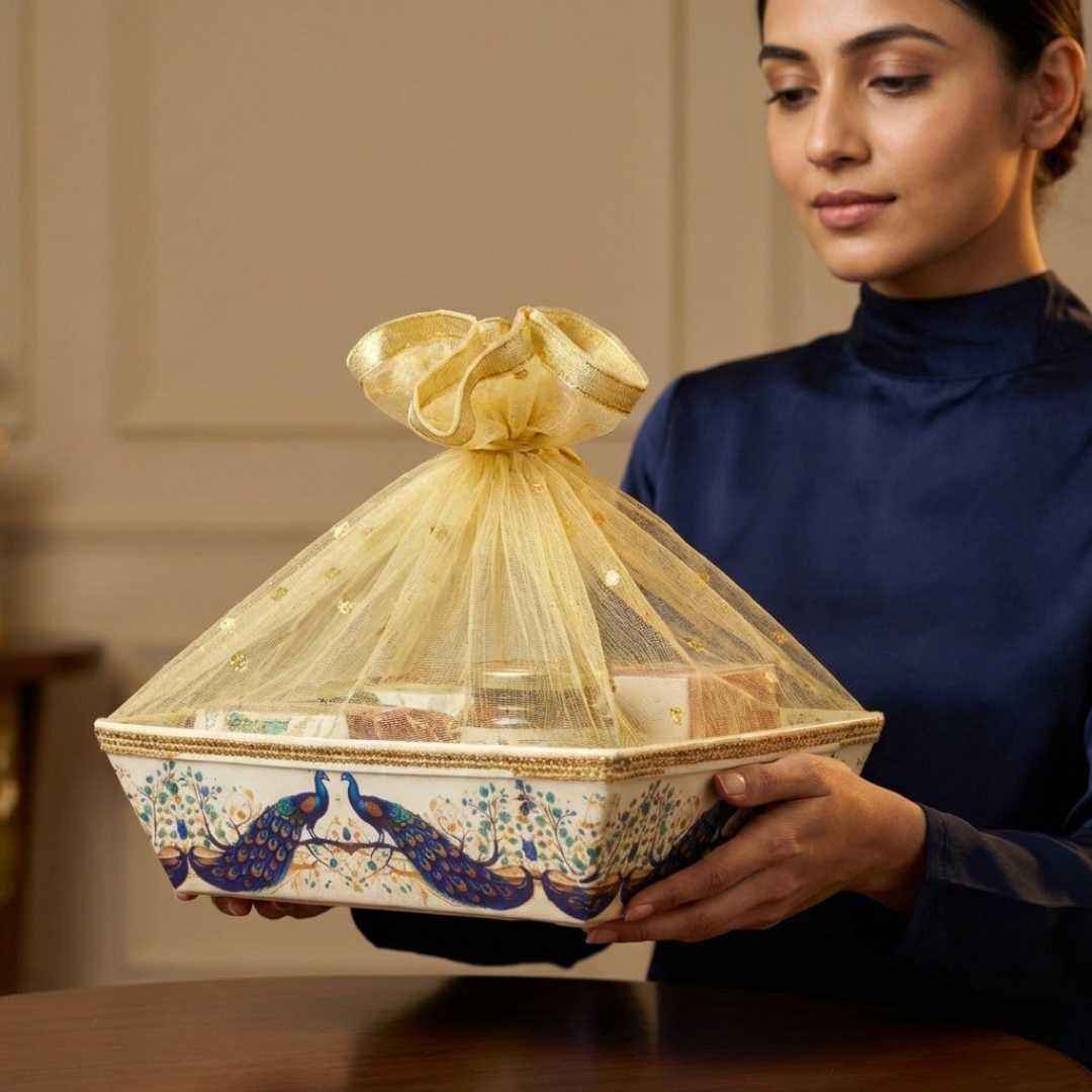 (Set of 10) Peacock Pichwai Net Hamper Basket with Gold Lace
