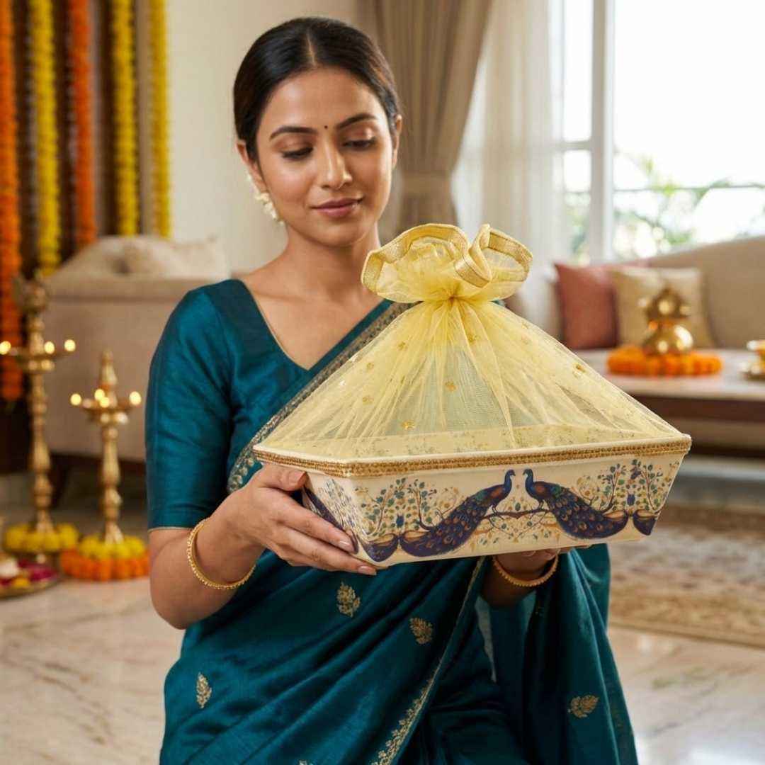 (Set of 10) Peacock Pichwai Net Hamper Basket with Gold Lace