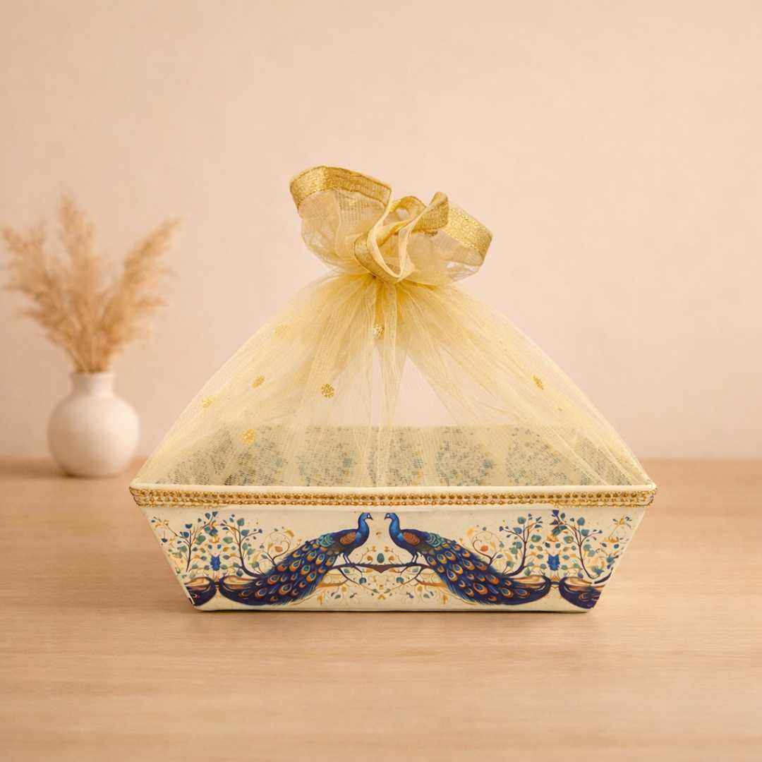 (Set of 10) Peacock Pichwai Net Hamper Basket with Gold Lace