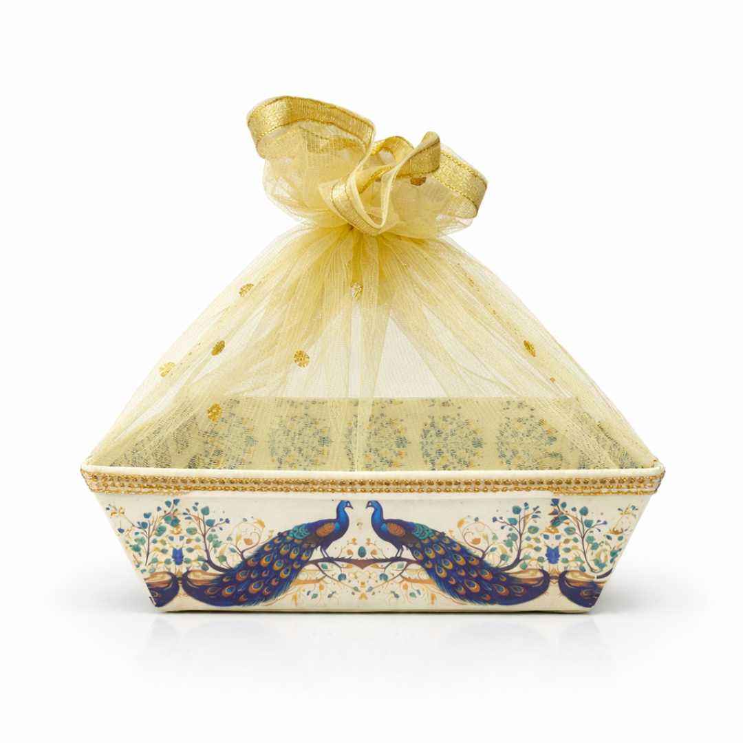 (Set of 10) Peacock Pichwai Net Hamper Basket with Gold Lace