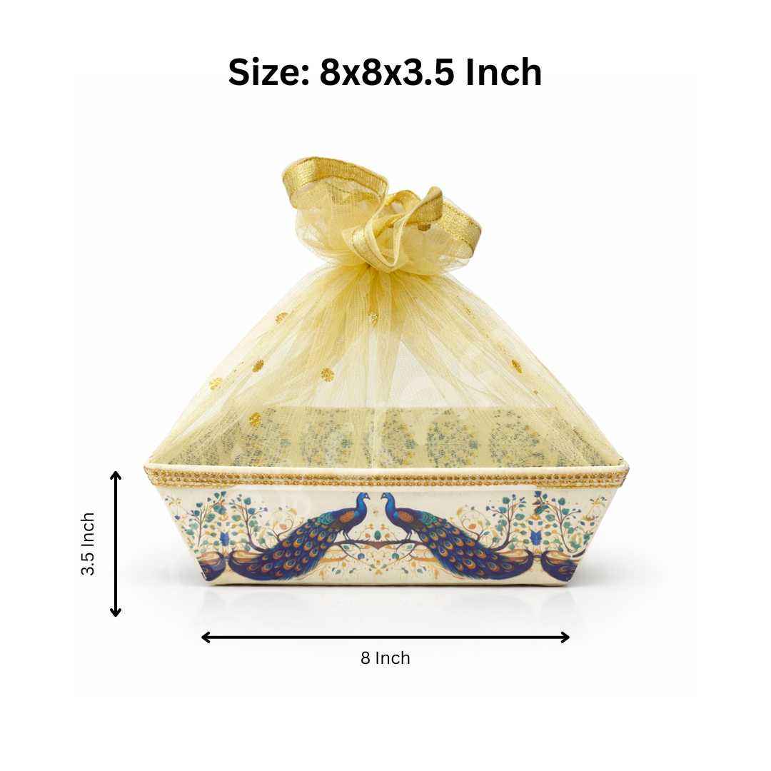 (Set of 10) Peacock Pichwai Net Hamper Basket with Gold Lace