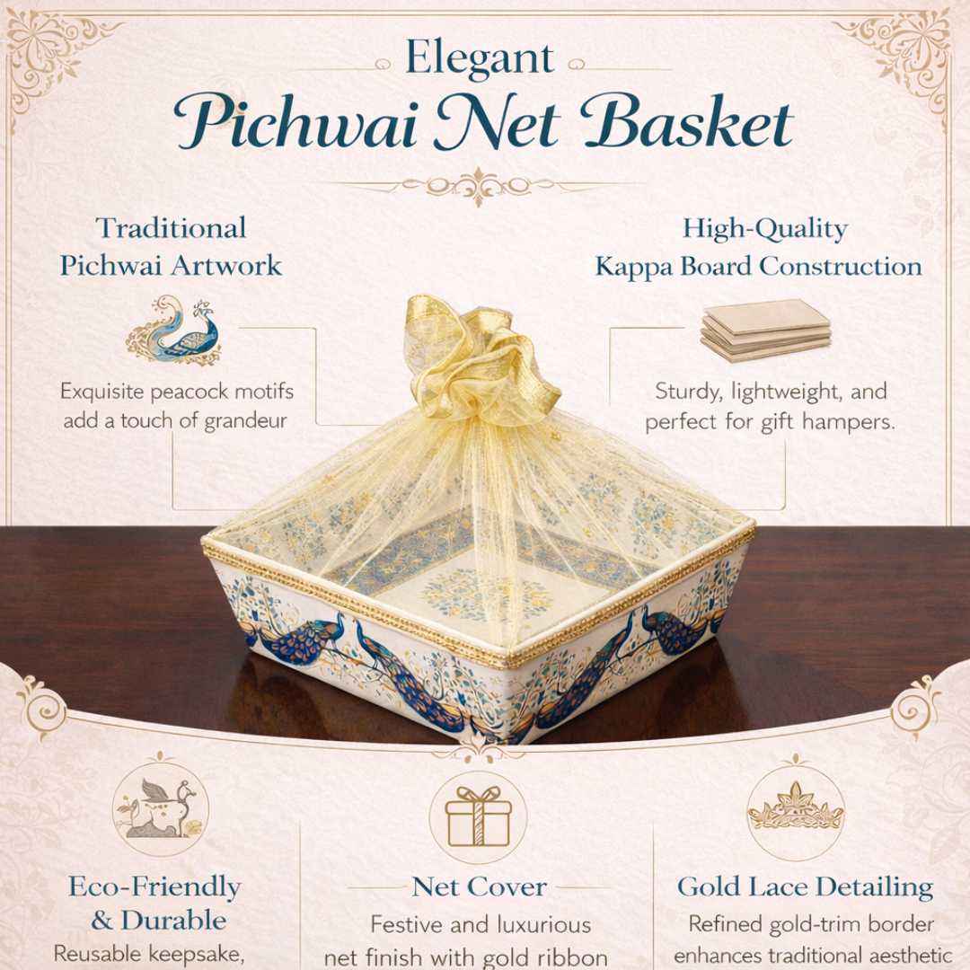 (Set of 10) Peacock Pichwai Net Hamper Basket with Gold Lace