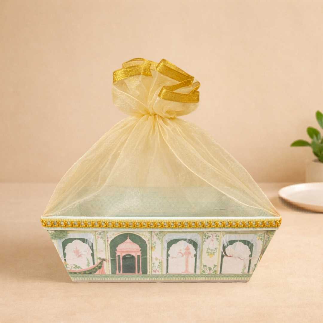 pichwai net hamper basket with gold lace and net cover for wedding hampers and trousseau packing